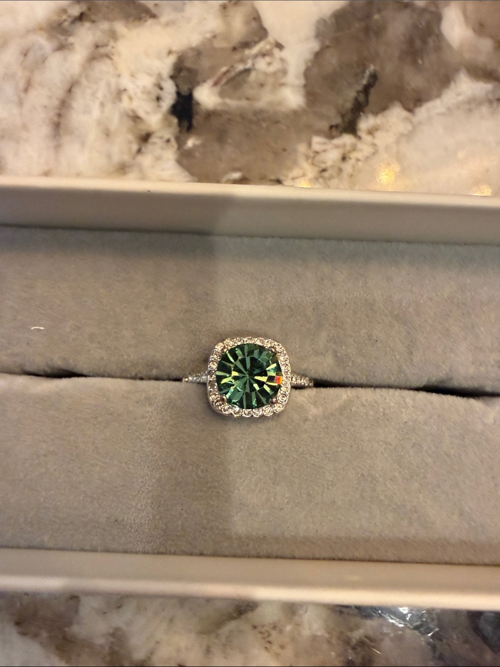 Green Crystal Halo Ring with Pavé Band - Women Jewelry